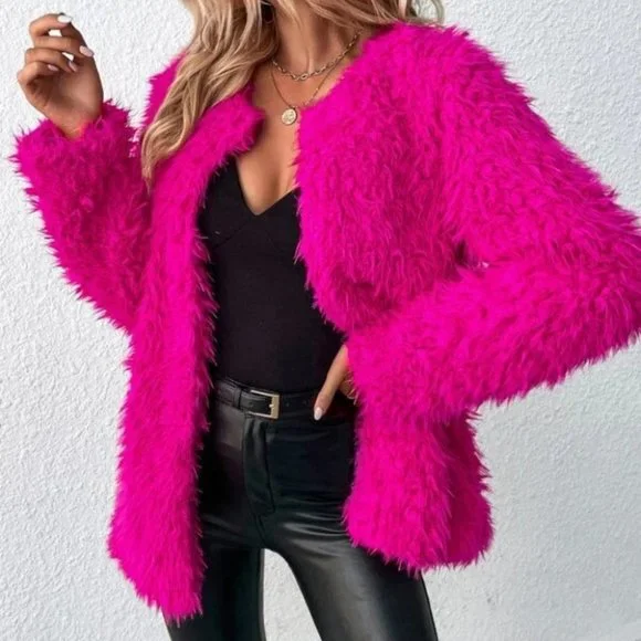 hot Pink Faux fur teddy open front coat jacket trendy contemporary barbie-core - Picture 2 of 6